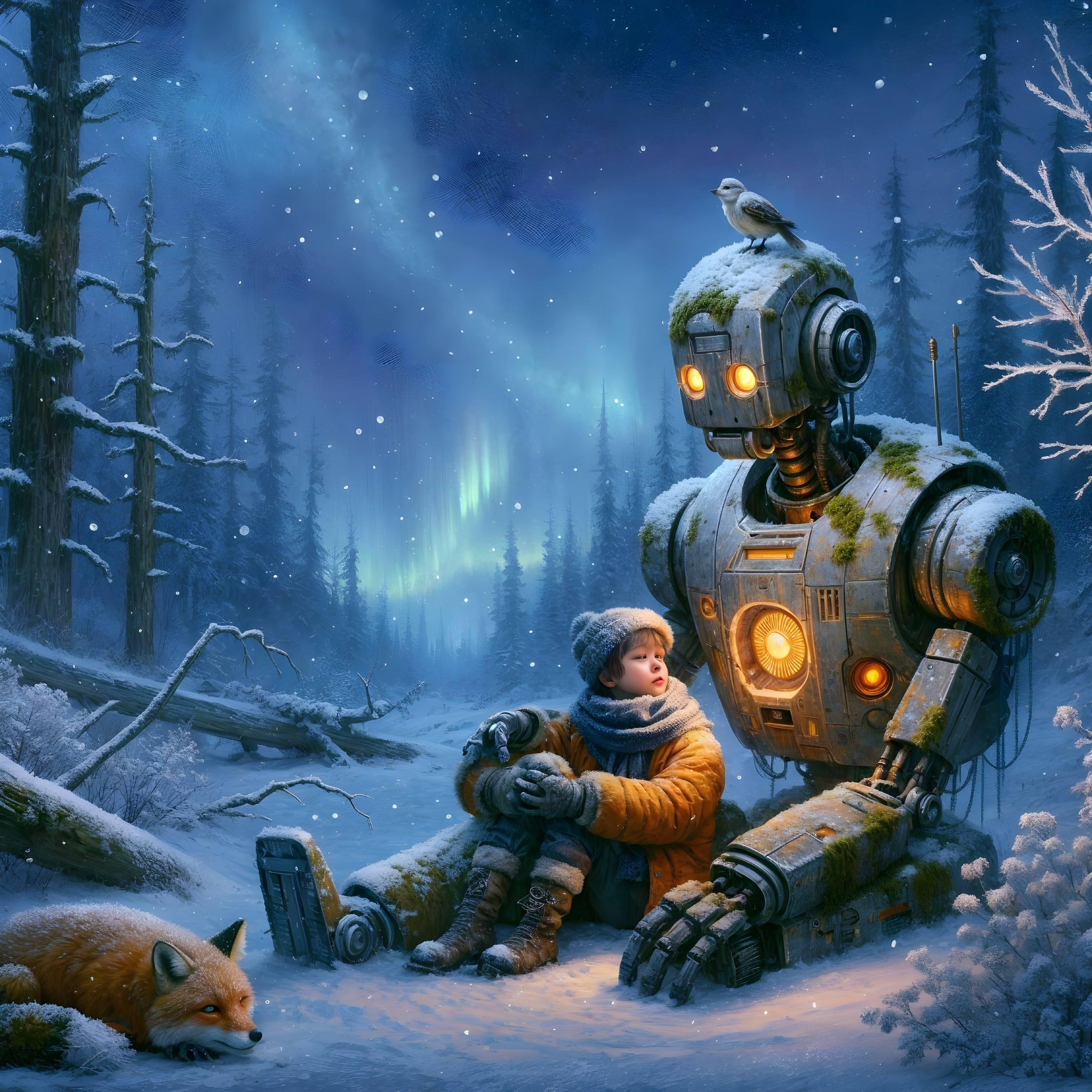 Child and Robot Under Aurora Borealis in Winter