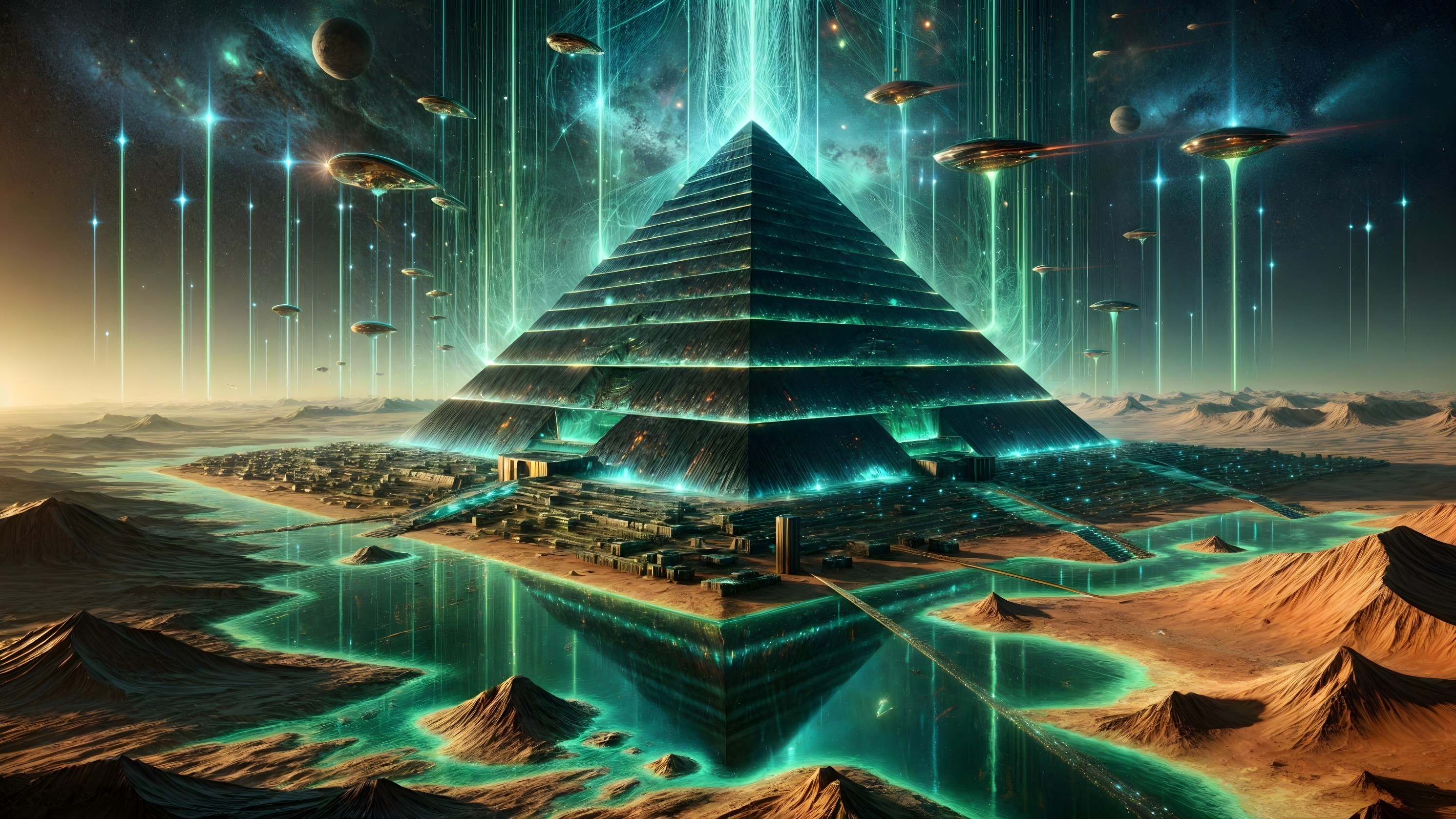 Futuristic Pyramid in Desert with Advanced Structures
