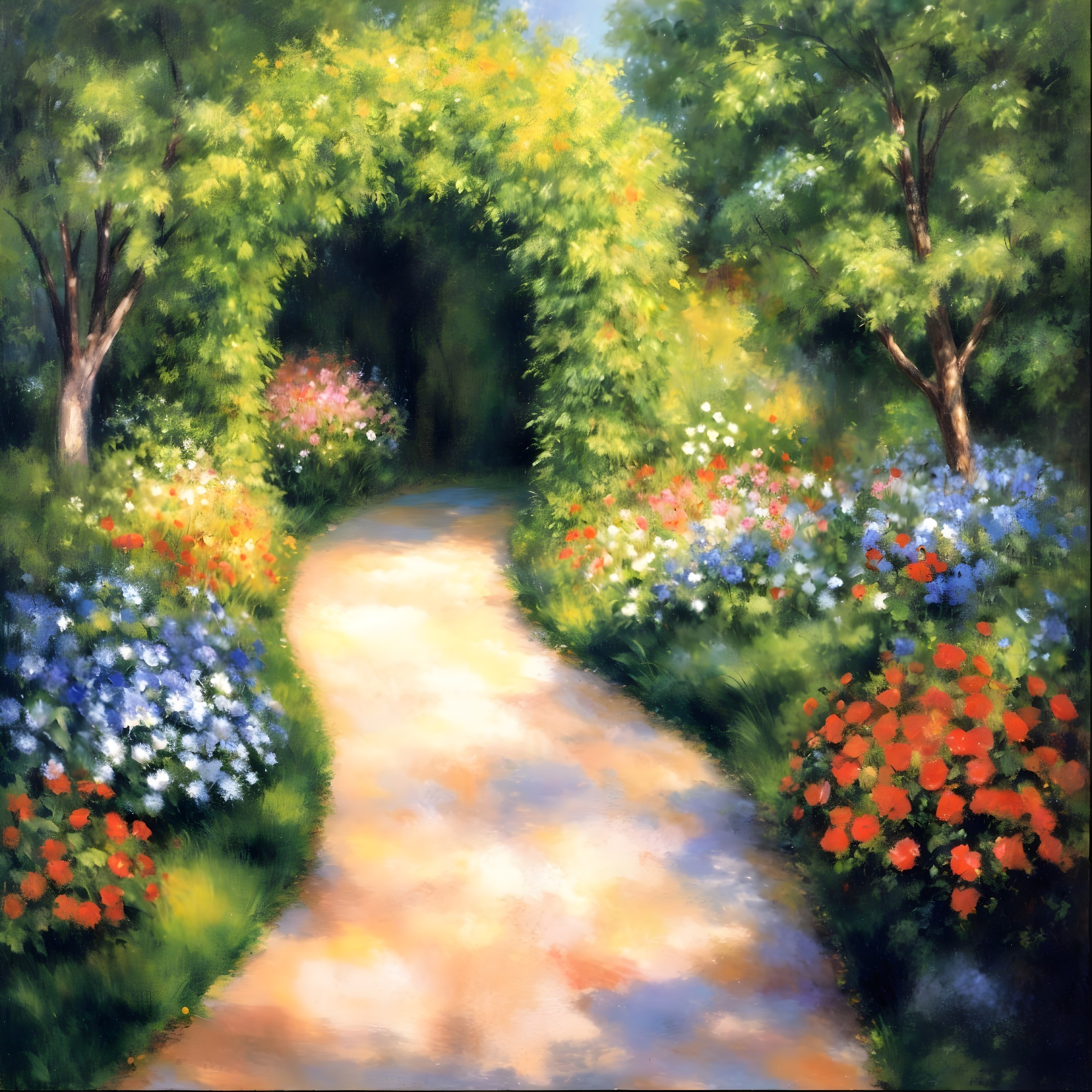 Serene Garden Pathway Surrounded by Lush Greenery