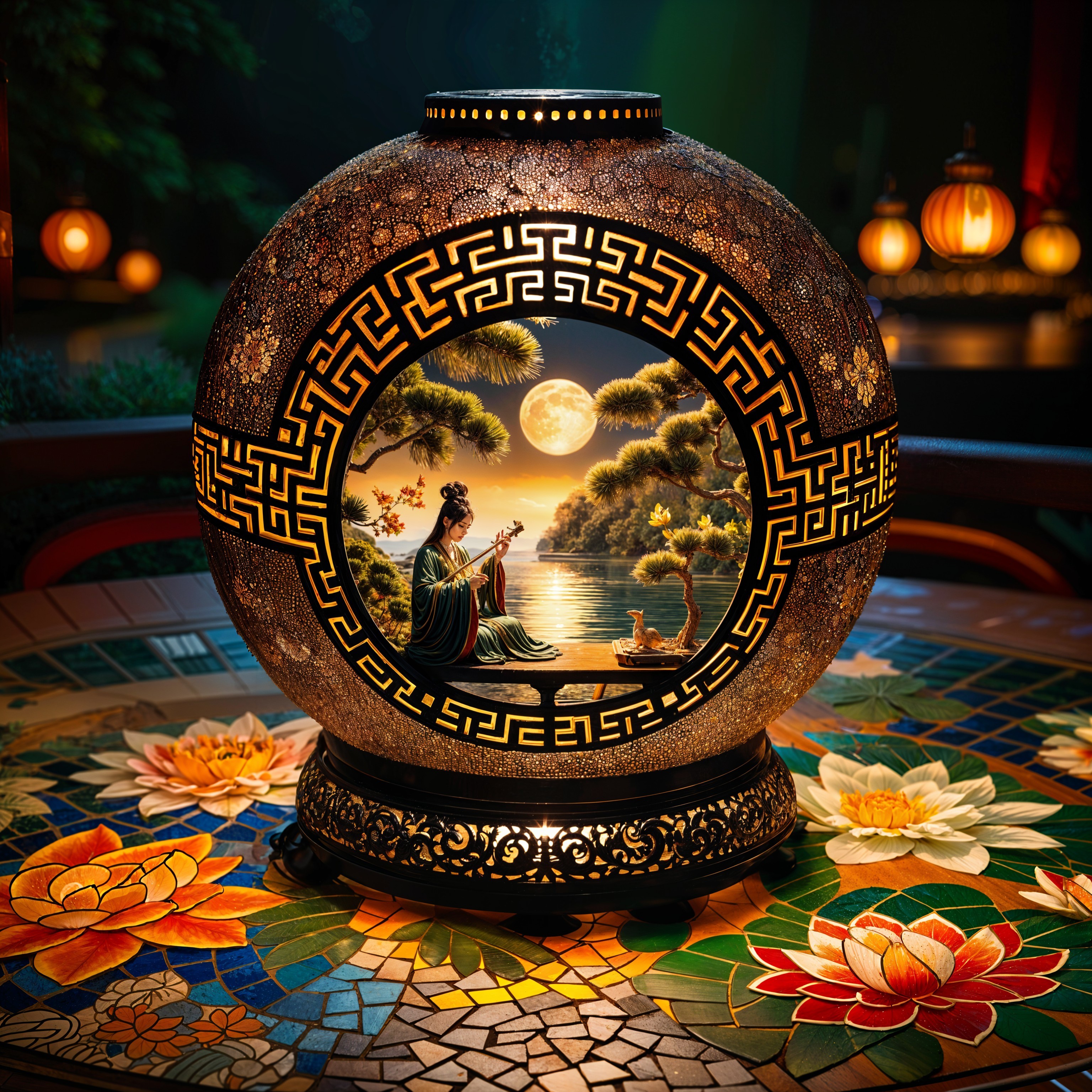 Intricately Designed Lantern with Serene Scene