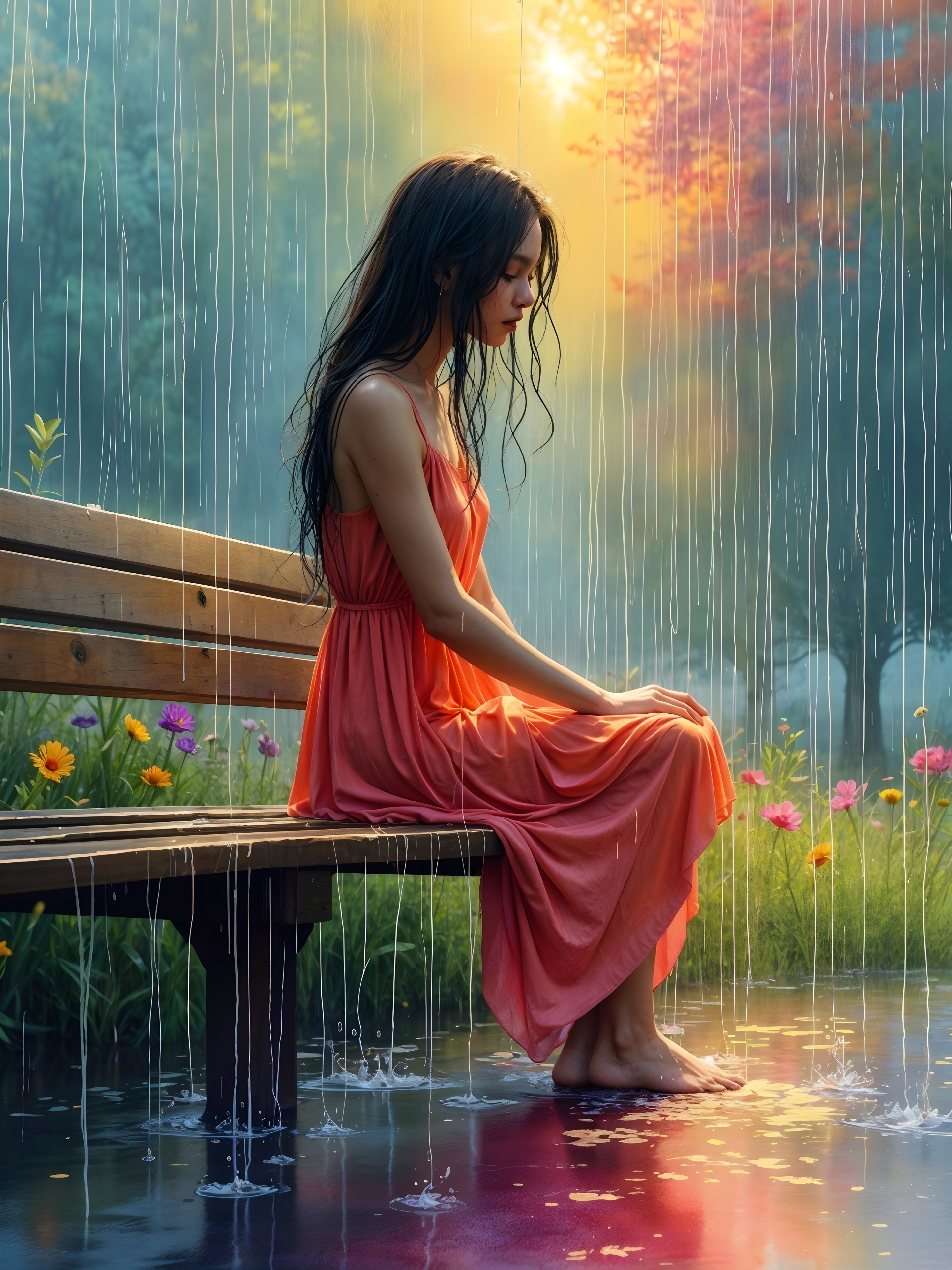 Young Woman in Coral Dress in Colorful Garden