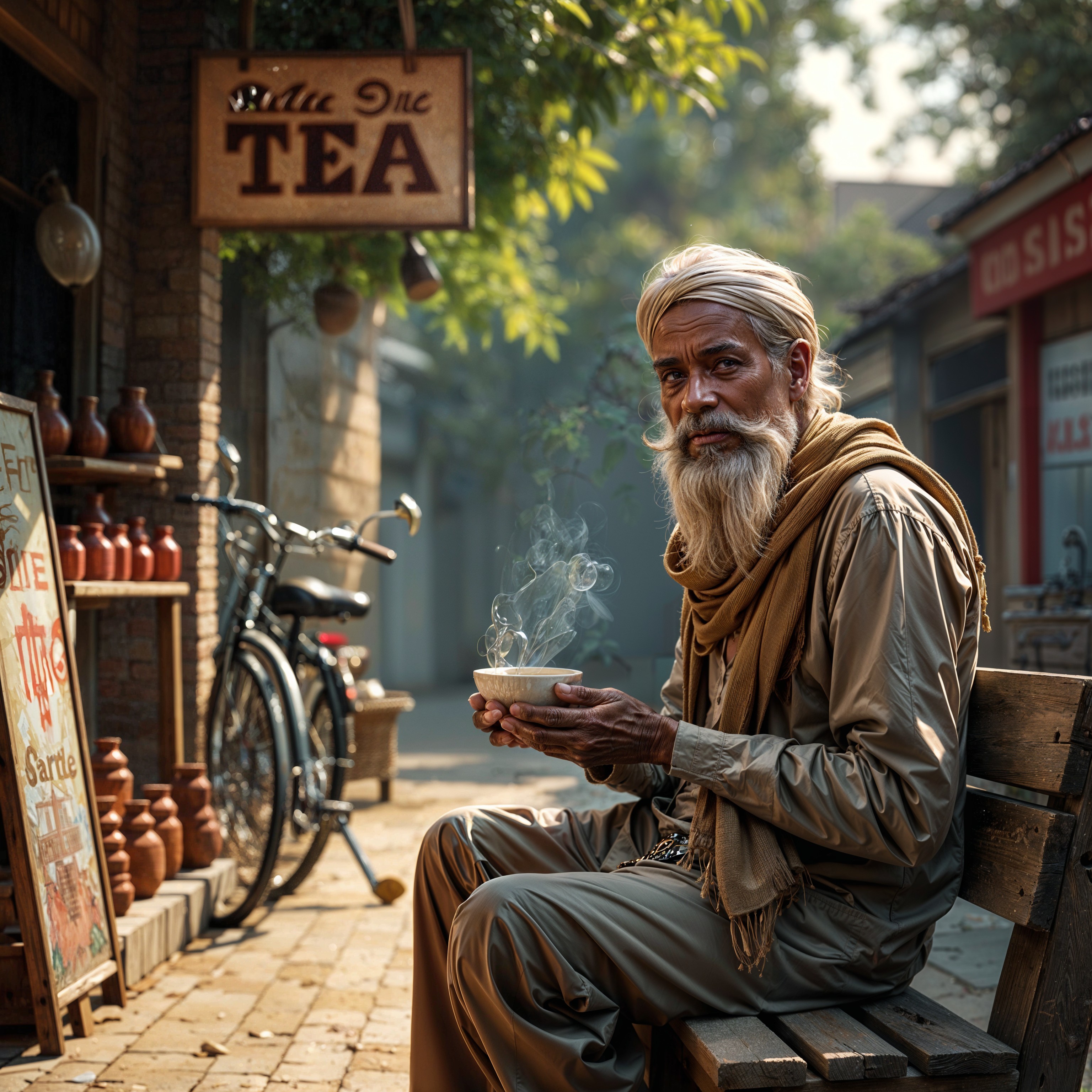 Elderly Man Enjoys Tea Outside Quaint Tea Shop