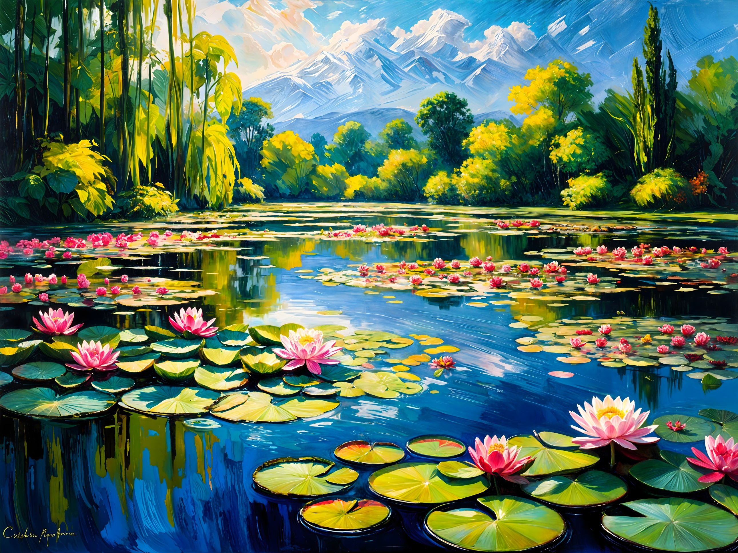 Tranquil Lake Surrounded by Mountains and Greenery