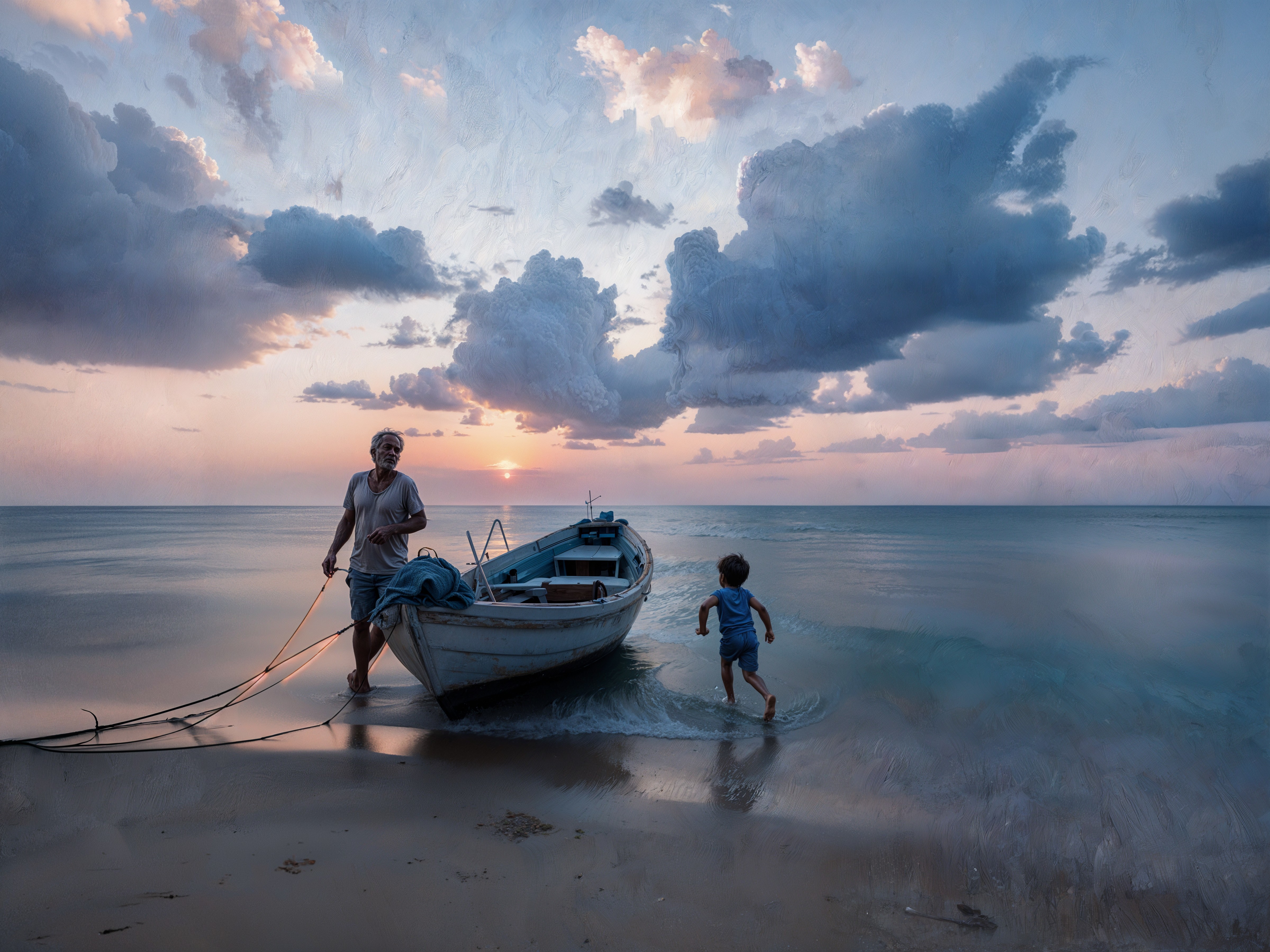 Serene Beach Sunset with Fisherman and Child