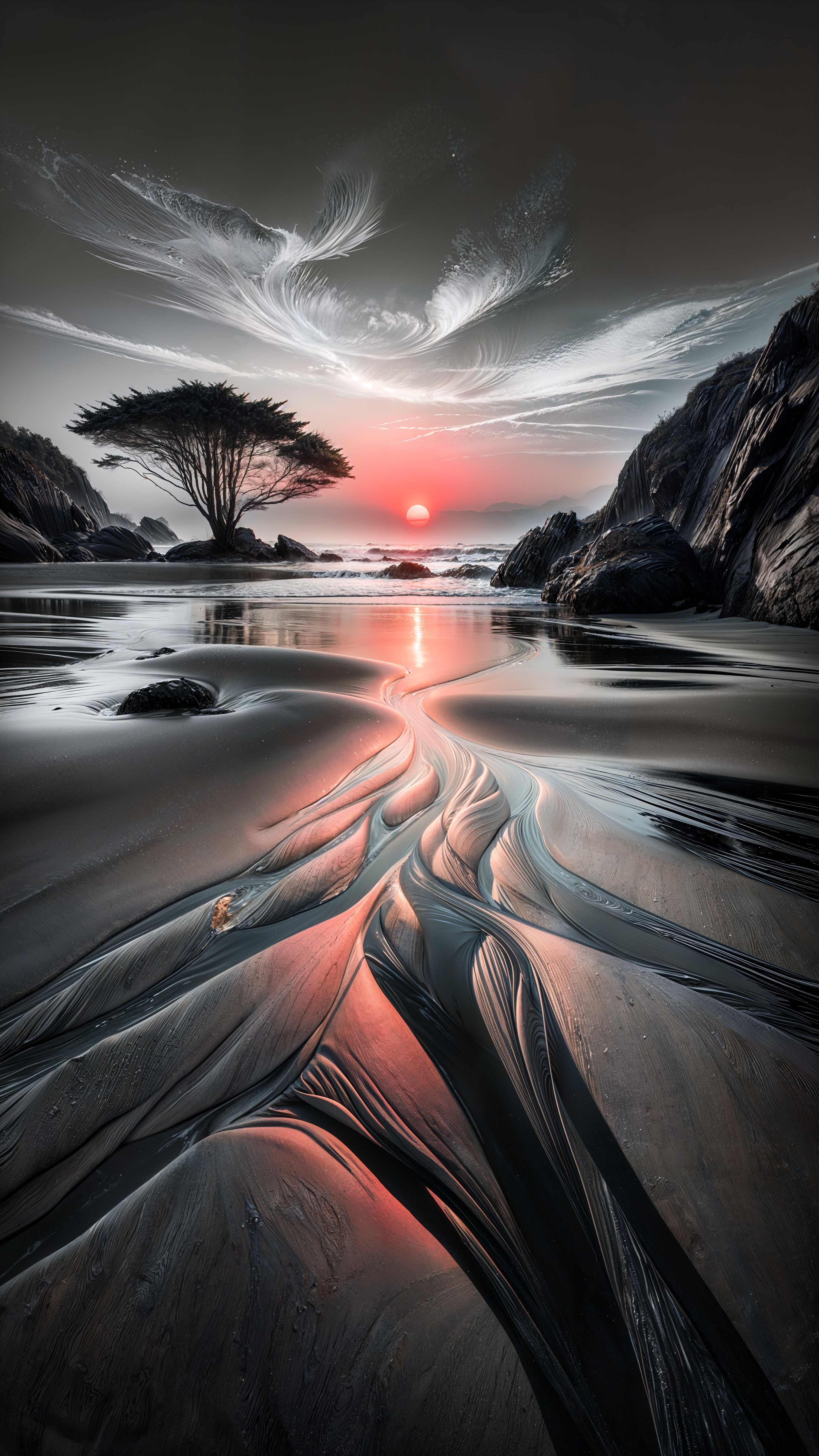 Serene Beach Scene at Sunset with Silhouetted Tree