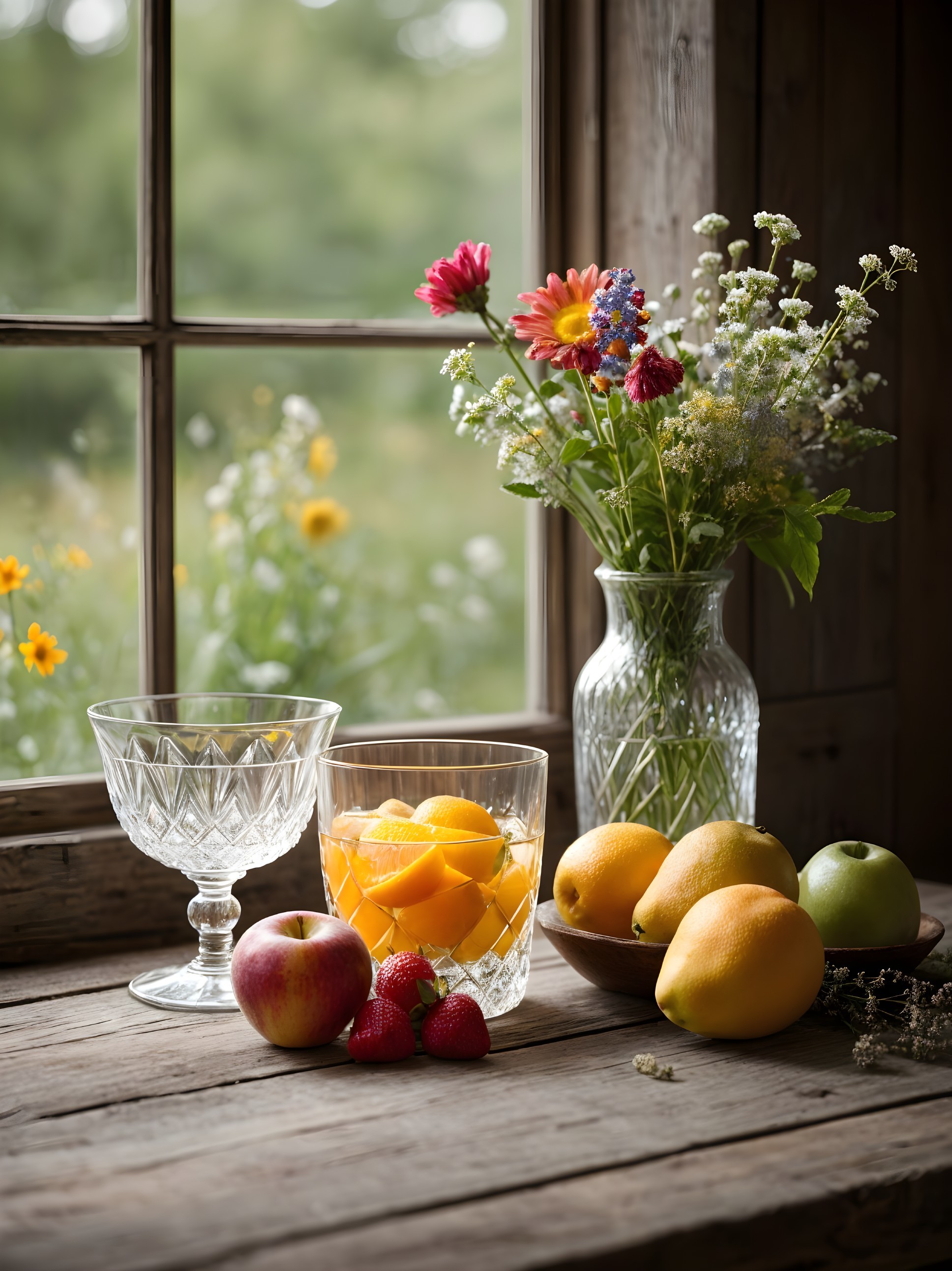 Rustic Wooden Table with Flowers and Fresh Fruits