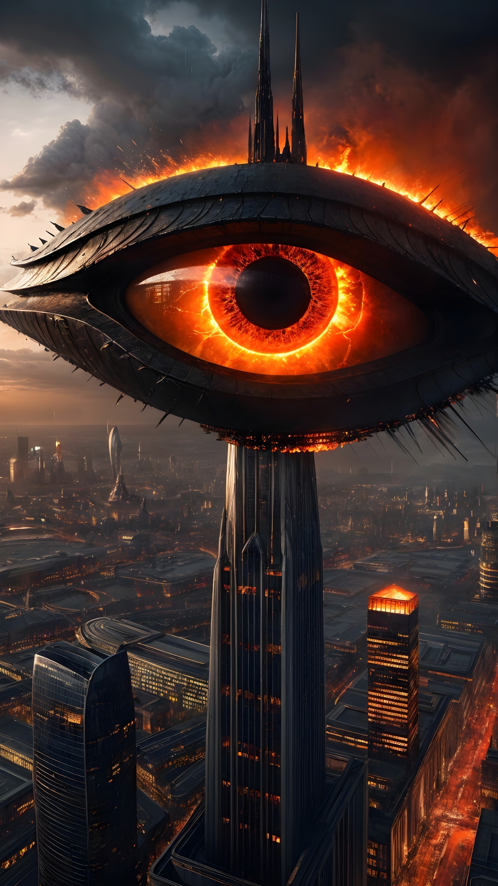 Futuristic City with Towering Structure and Fiery Eye
