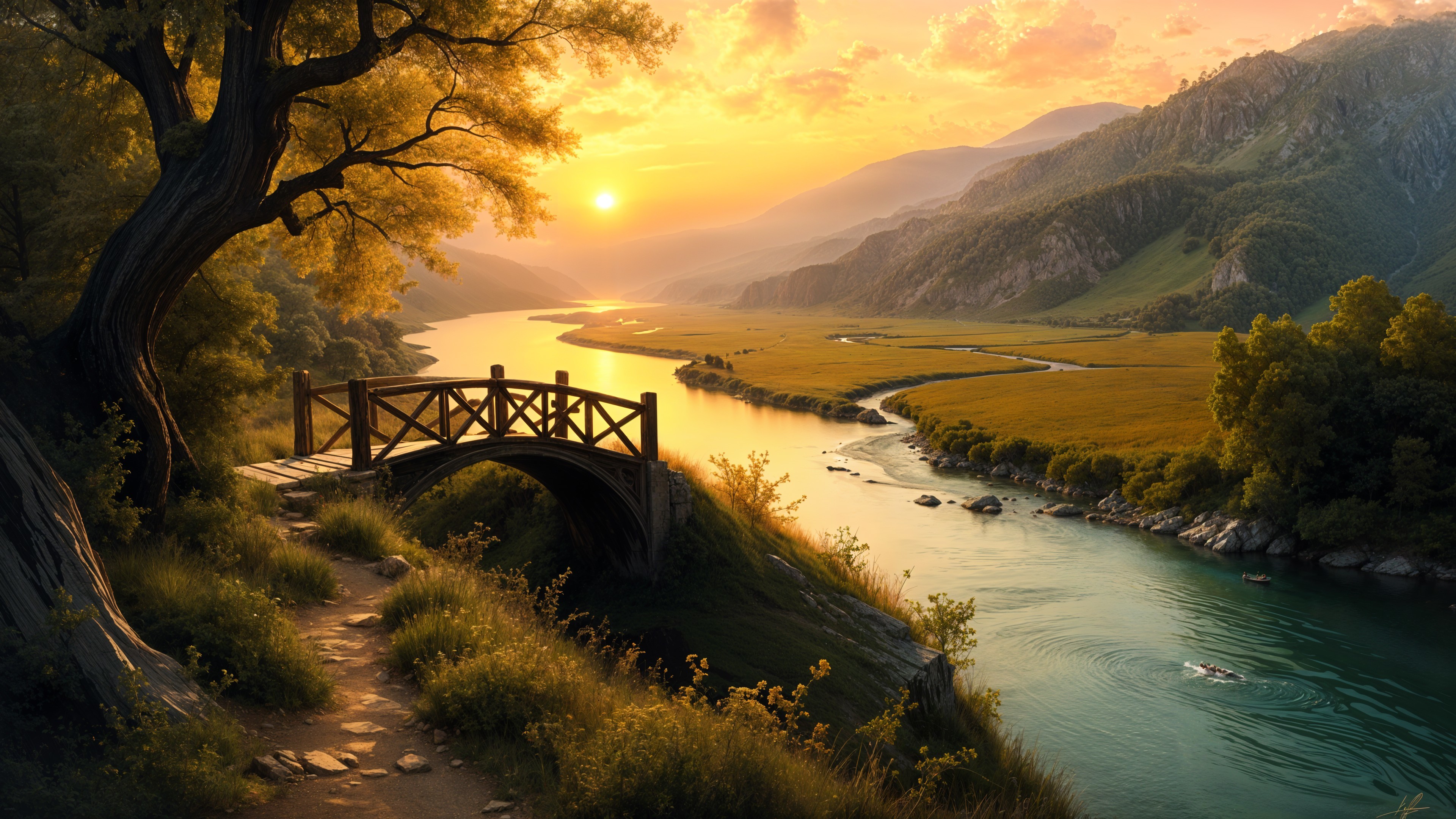 Serene Sunset Landscape with Wooden Bridge and River