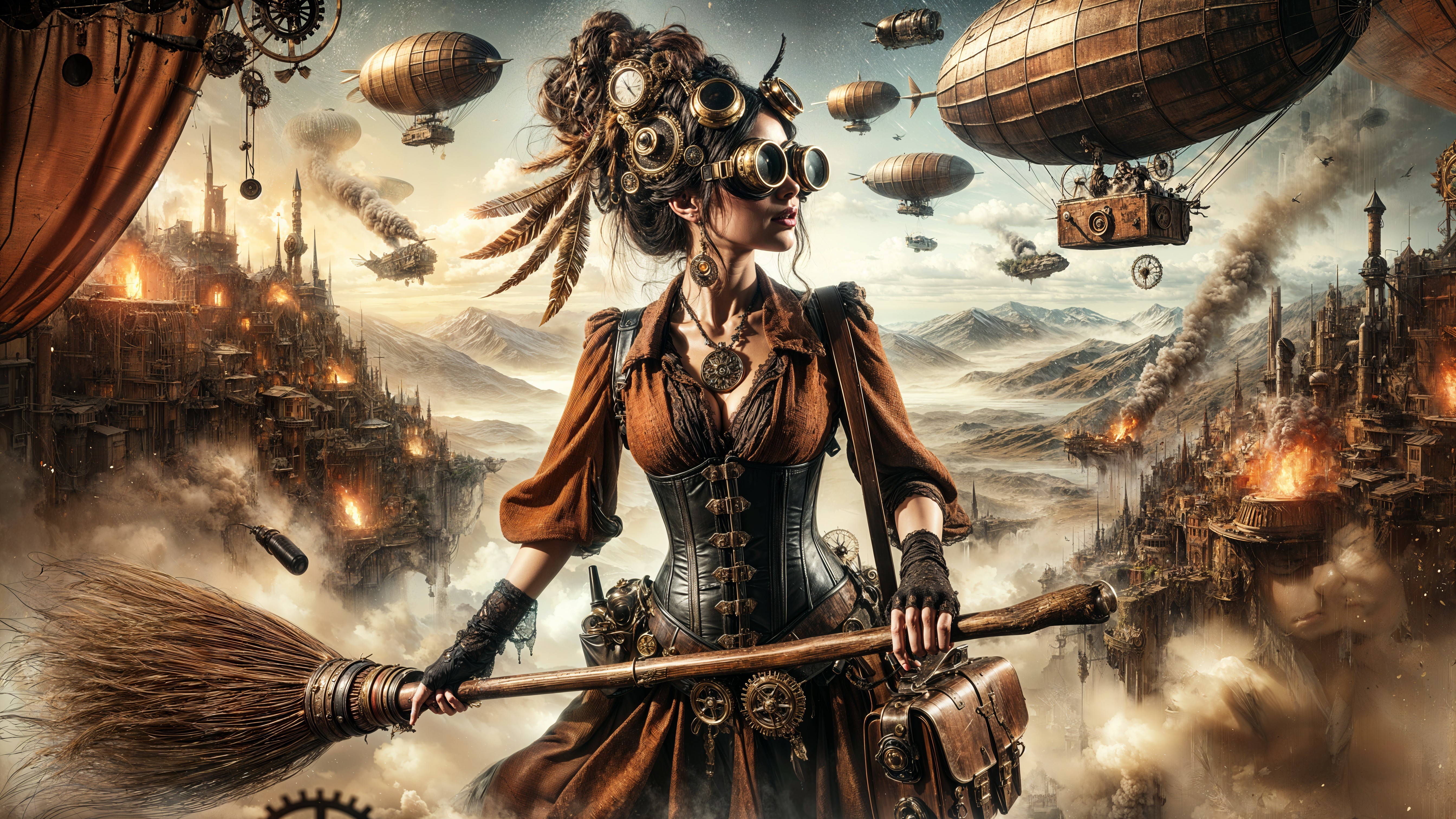 Steampunk Landscape with Woman in Mechanical Gown