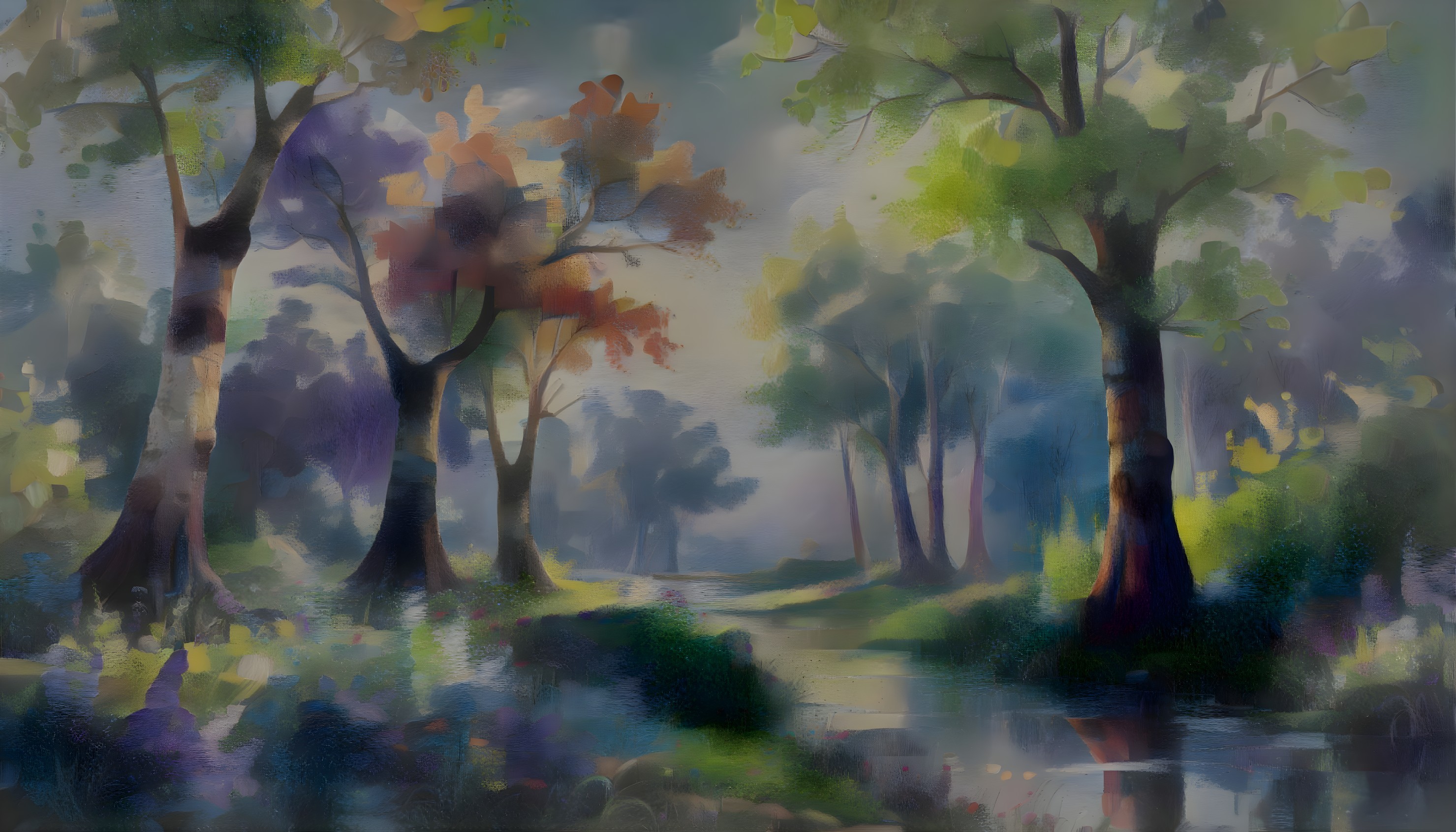 Serene landscape with vibrant trees and gentle stream