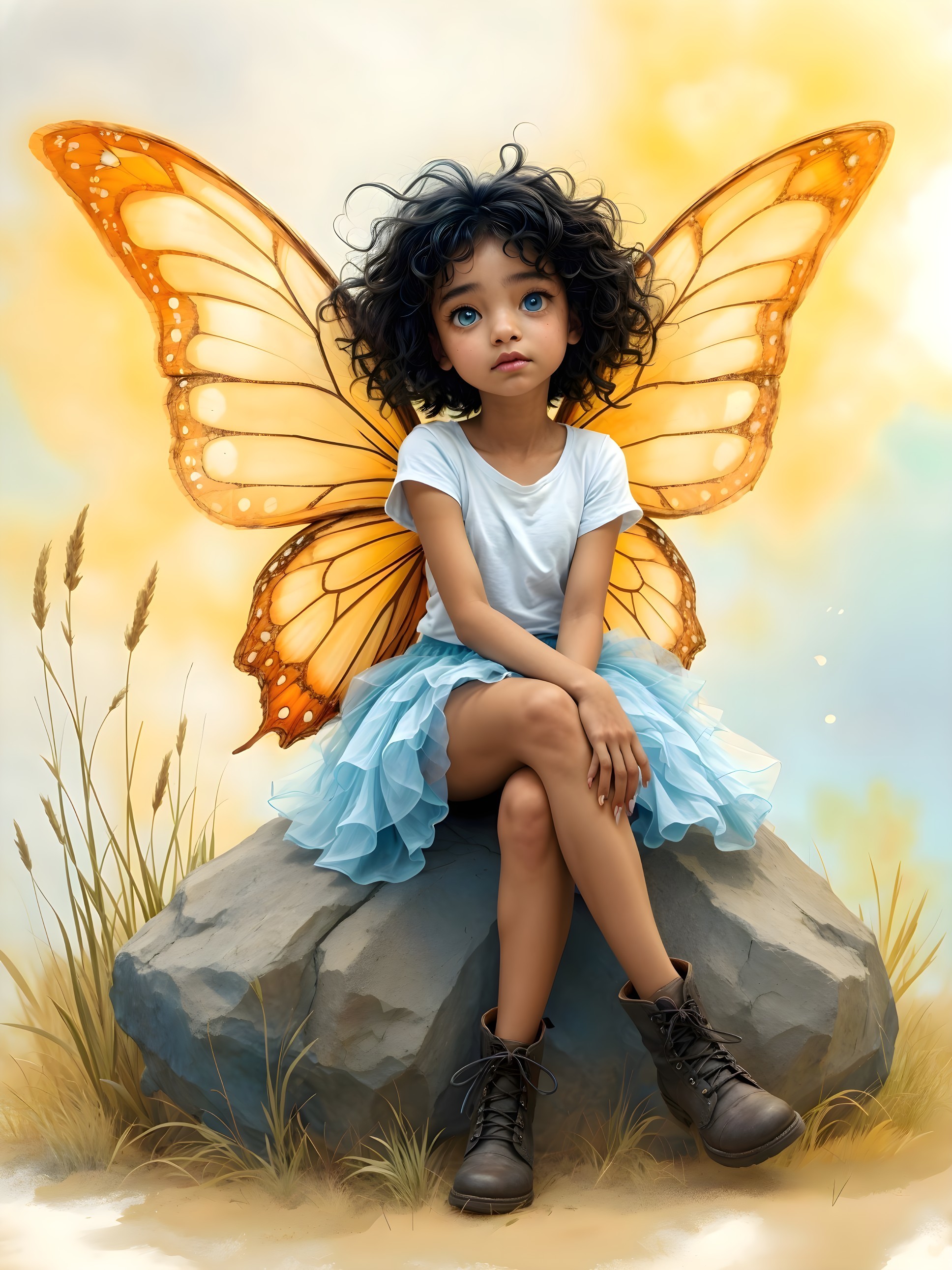 Chibi Fairy with Butterfly Wings on Gray Rock