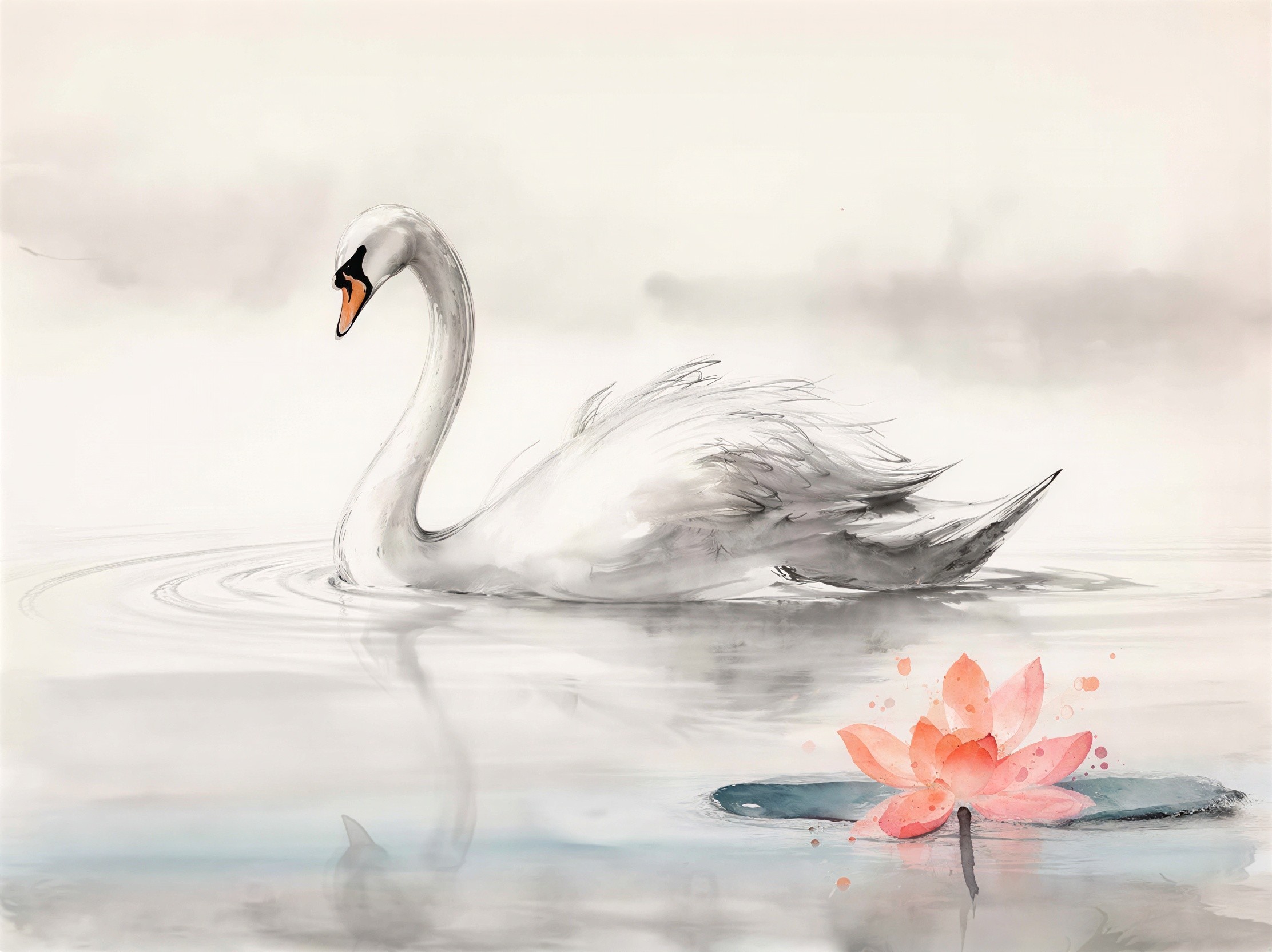 Digital Painting of a White Swan and Water Lily
