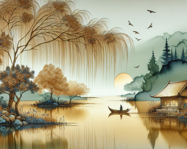 Serene Landscape with Lake and Sunset Reflection
