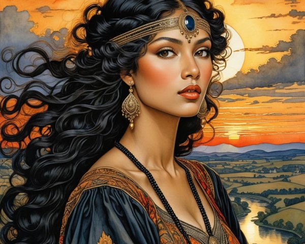 Portrait of a woman in vibrant sunset landscape