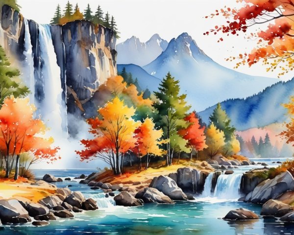 Watercolor Landscape with Waterfall and Autumn Foliage
