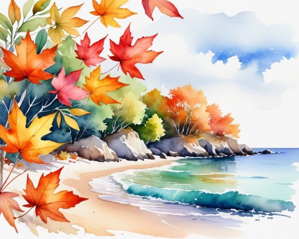 Autumn Beach Scene with Colorful Leaves and Waves