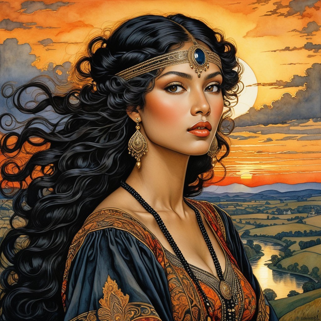 Portrait of a woman in vibrant sunset landscape
