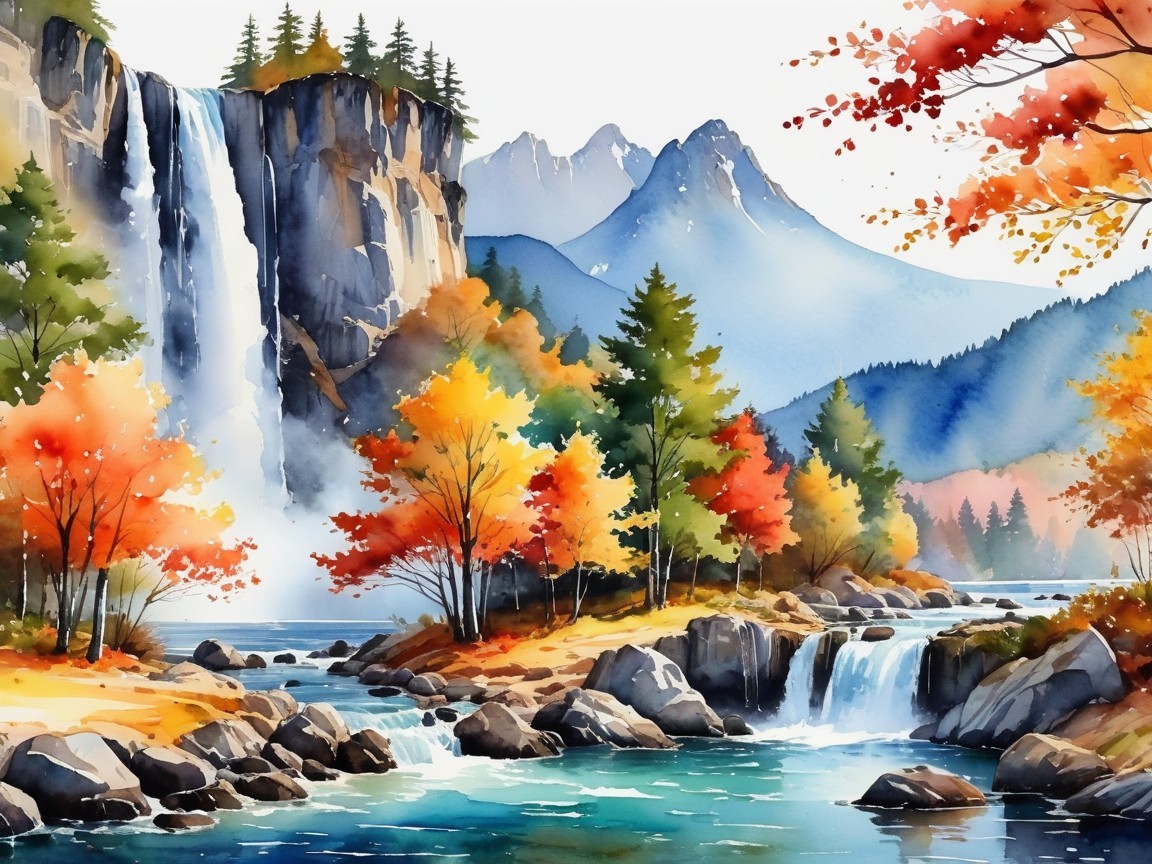 Watercolor Landscape with Waterfall and Autumn Foliage