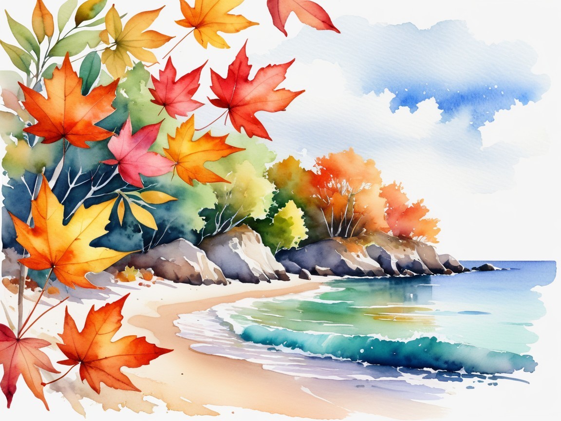 Autumn Beach Scene with Colorful Leaves and Waves