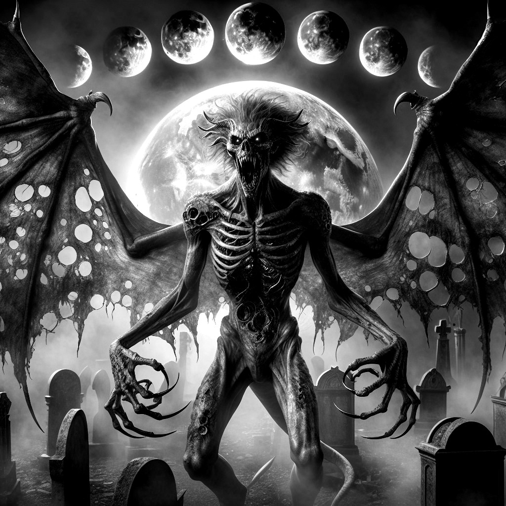 Skeletal Creature in a Dark Moonlit Graveyard