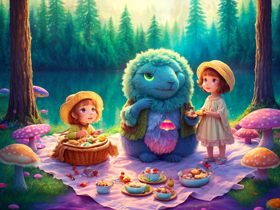 Children Having Picnic with Friendly Creature in Forest