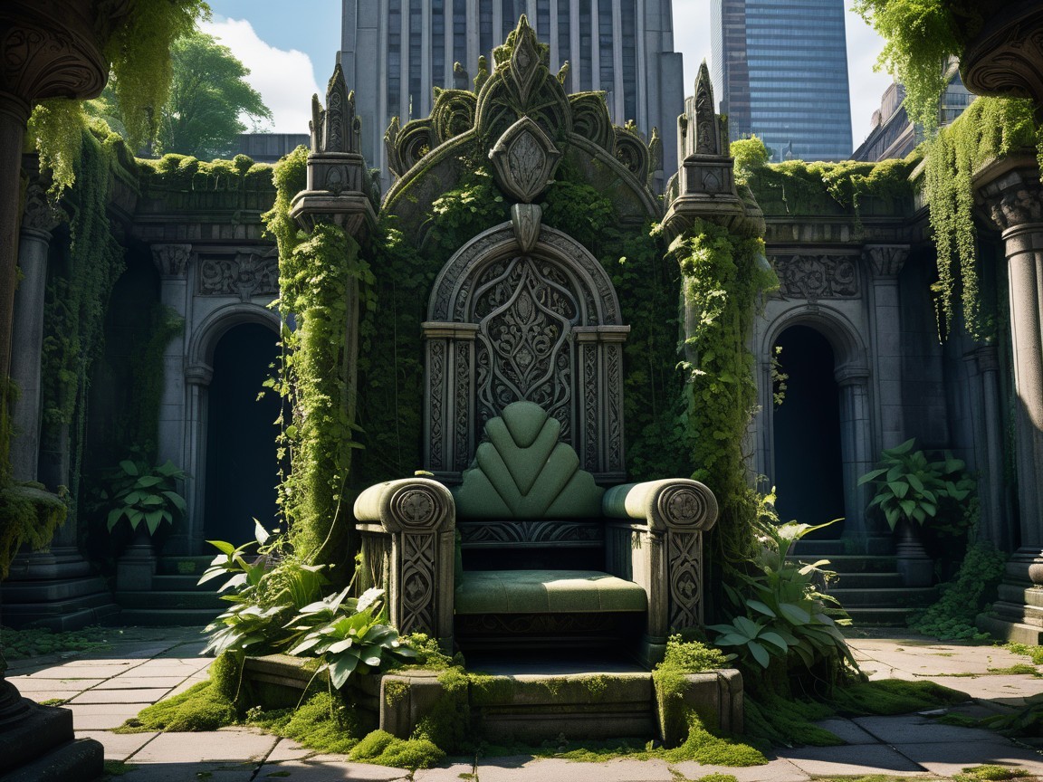 Intricately Designed Throne in Lush Overgrown Courtyard