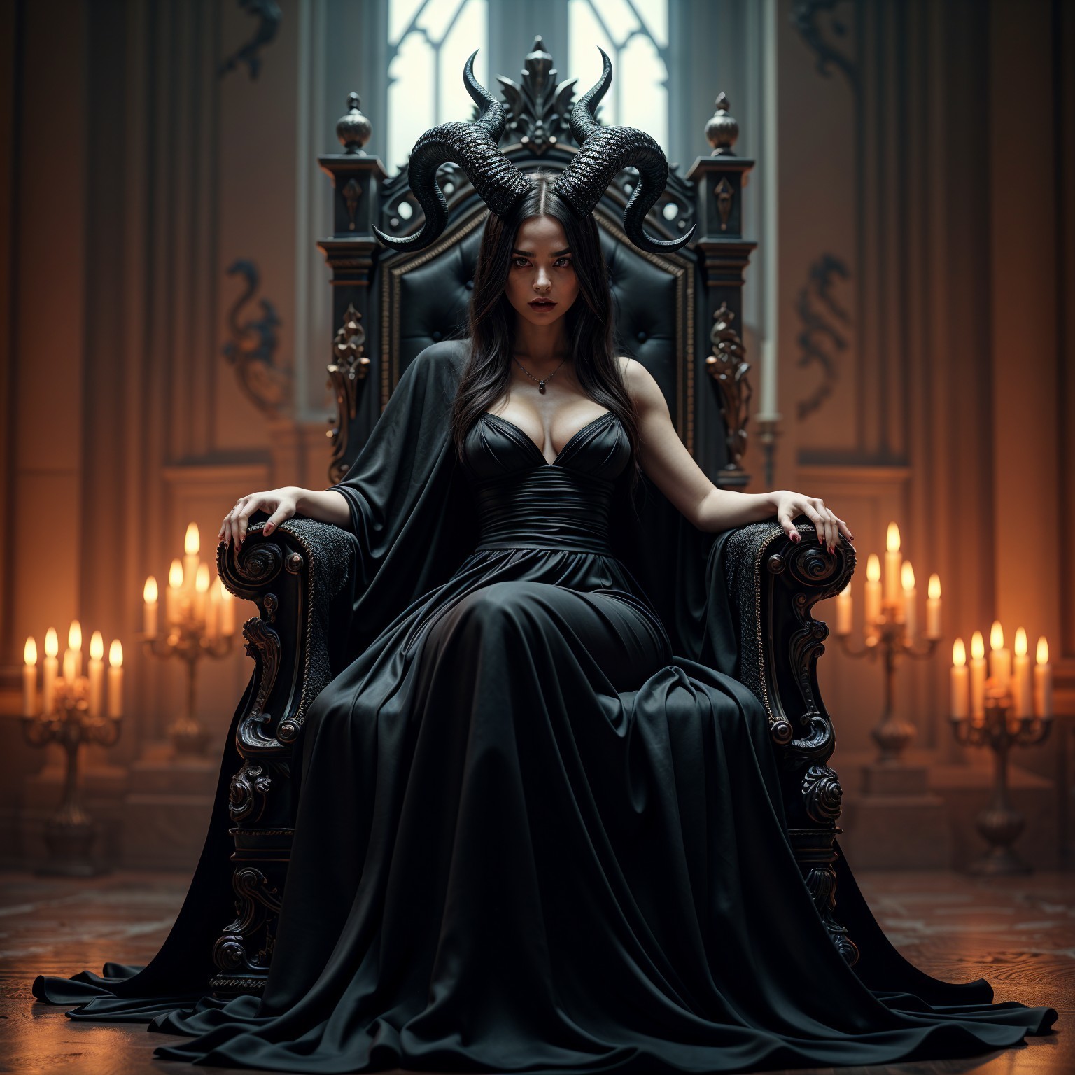 Elegant Figure in Ornate Throne with Flickering Candles