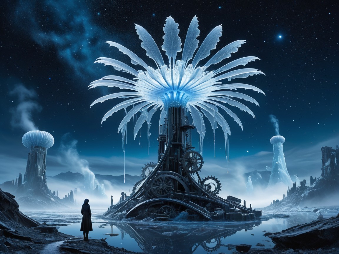 Surreal Icy Landscape with Towering Ice Structure