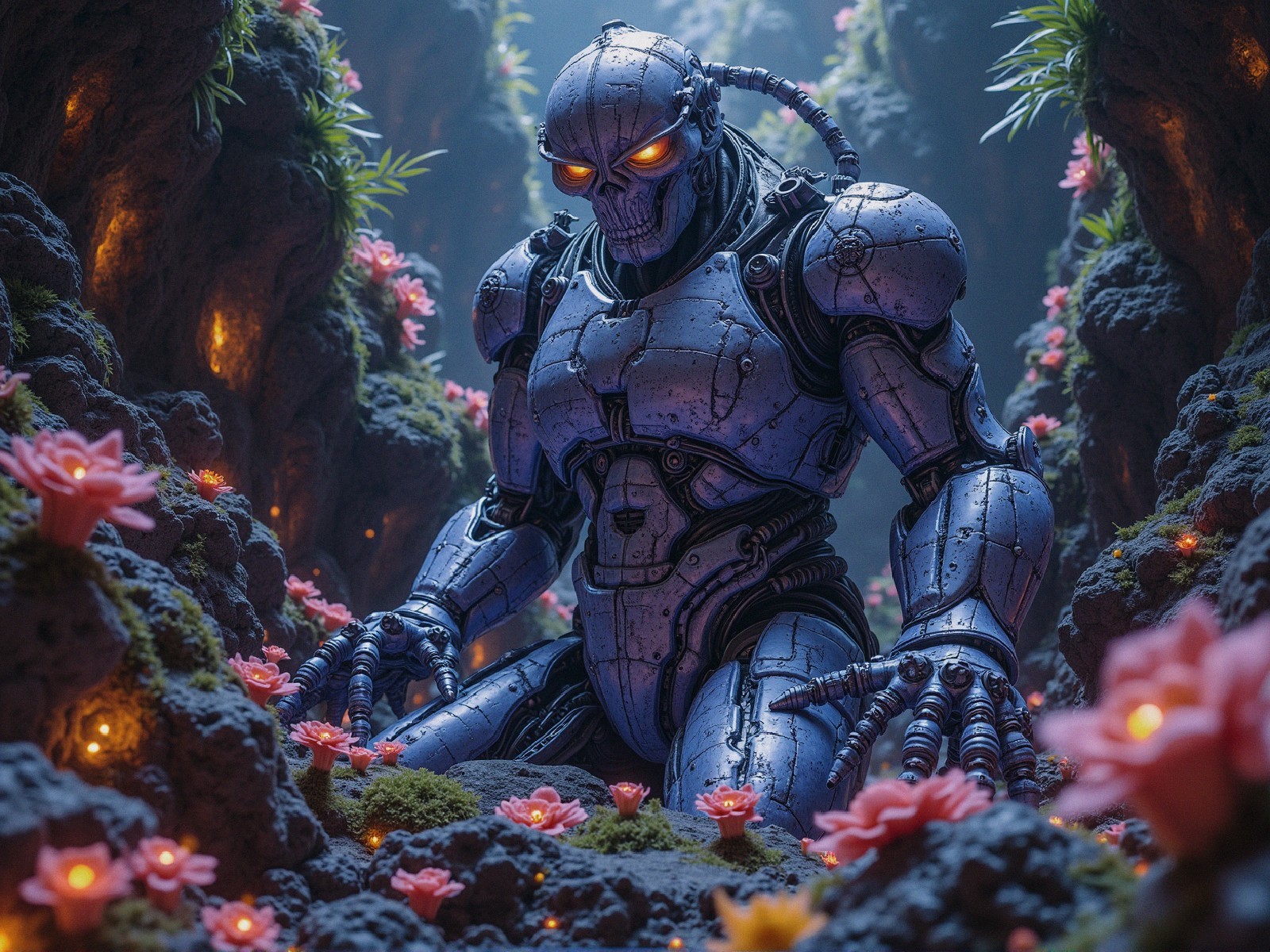 Futuristic Robot in a Vibrant Cave Setting
