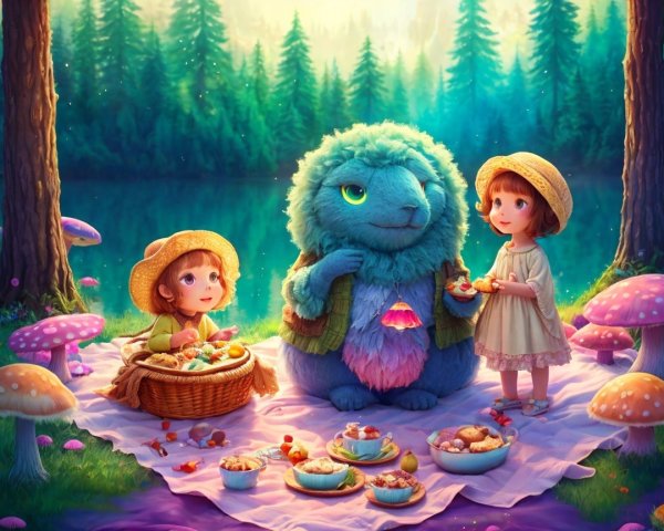 Children Having Picnic with Friendly Creature in Forest