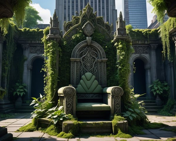 Intricately Designed Throne in Lush Overgrown Courtyard