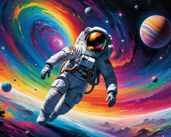 Astronaut in Colorful Cosmic Scene with Galaxies