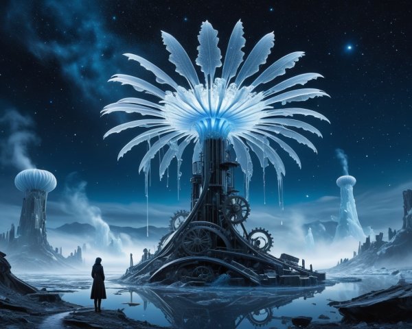 Surreal Icy Landscape with Towering Ice Structure