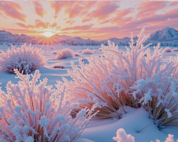 Serene Winter Landscape at Sunrise with Frost and Snow