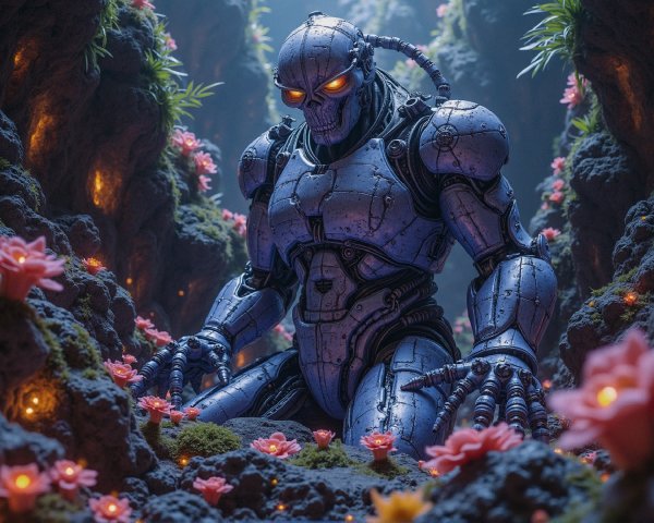 Futuristic Robot in a Vibrant Cave Setting