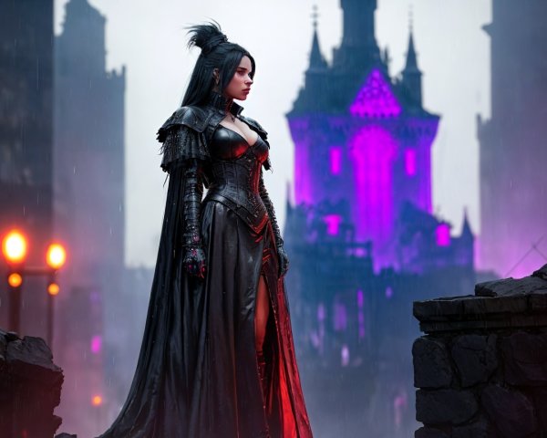 Gothic Anime Sorceress in Rain with Castle Background