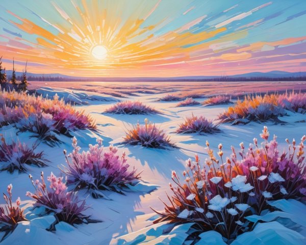 Vibrant Winter Landscape with Sunrise and Snowy Terrain