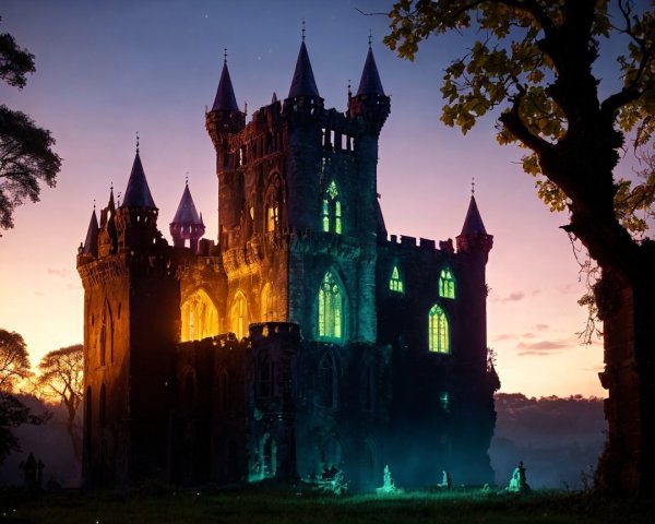 Gothic Castle at Twilight with Orange and Green Lights