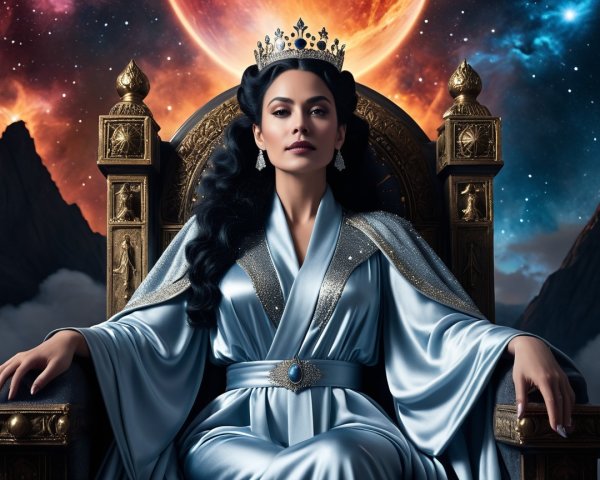 Regal figure on ornate throne in cosmic setting