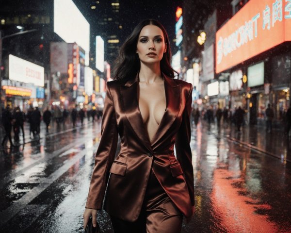 Confident Woman in Brown Suit on Neon-Lit Street