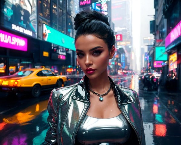Glamorous Woman in Metallic Jacket in Urban Night Scene