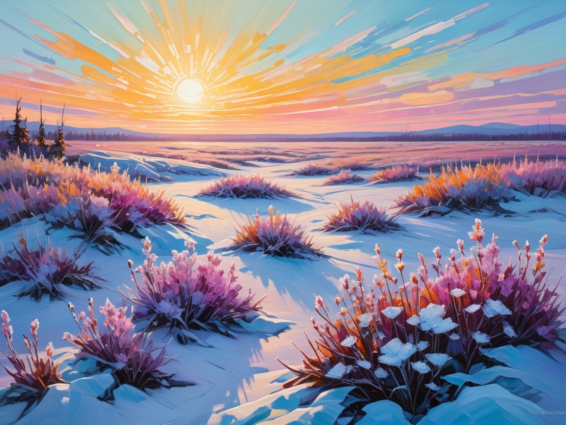 Vibrant Winter Landscape with Sunrise and Snowy Terrain