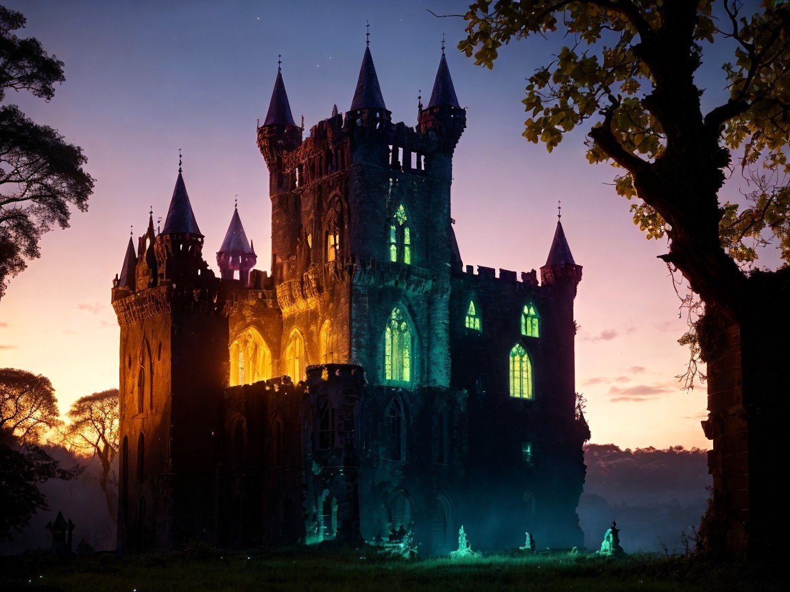 Gothic Castle at Twilight with Orange and Green Lights