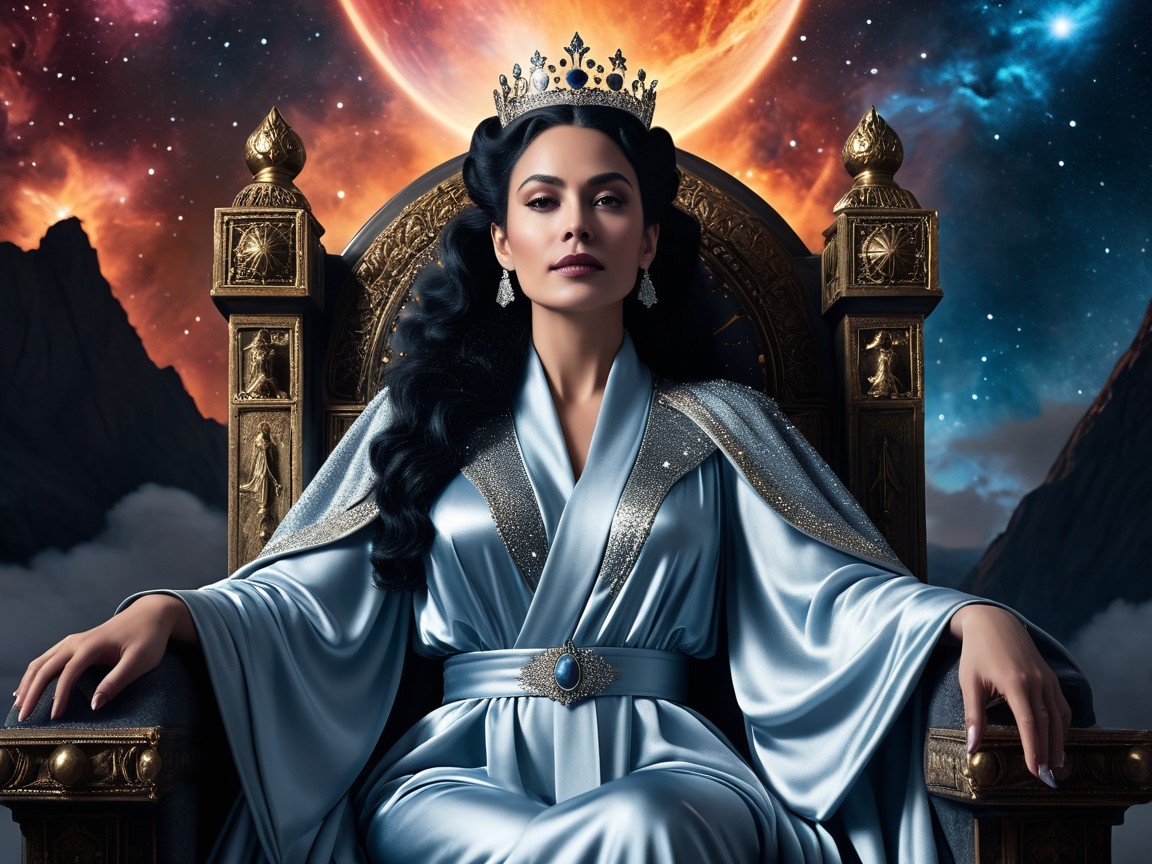 Regal figure on ornate throne in cosmic setting