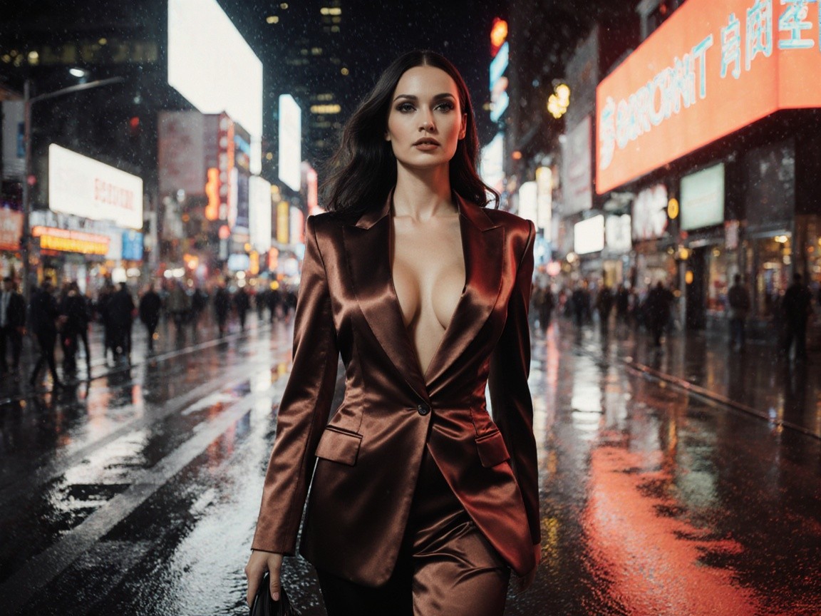 Confident Woman in Brown Suit on Neon-Lit Street