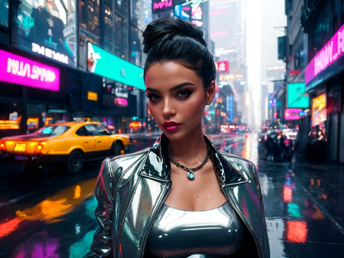 Glamorous Woman in Metallic Jacket in Urban Night Scene