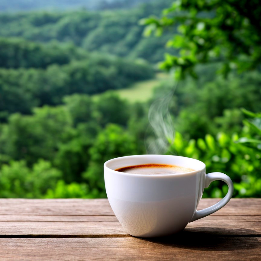 Coffee on a Wooden Table with Lush Green Background