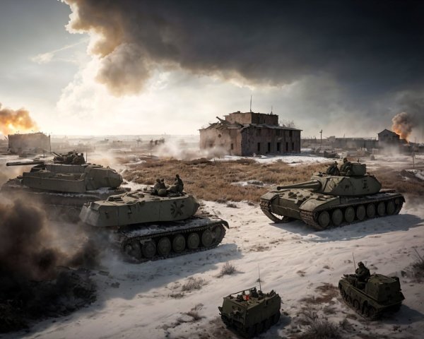 Dramatic Battlefield Scene with Armored Tanks and Smoke