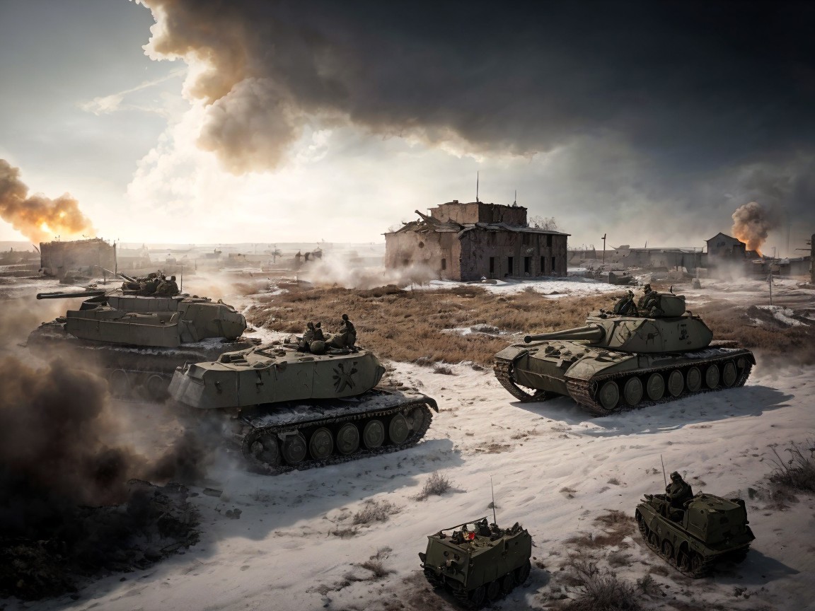 Dramatic Battlefield Scene with Armored Tanks and Smoke