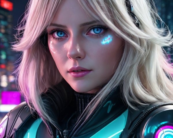 Futuristic Female Figure in Neon City Skyline